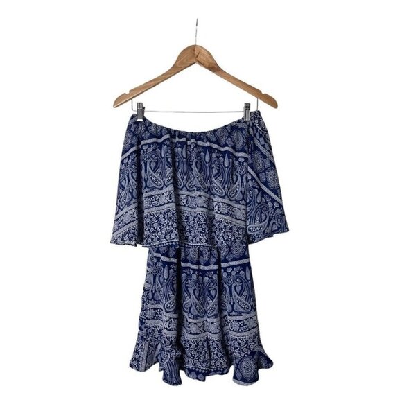 MISA Los Angeles Chiara Blue White Off The Shoulder Romper XS - Picture 4 of 6